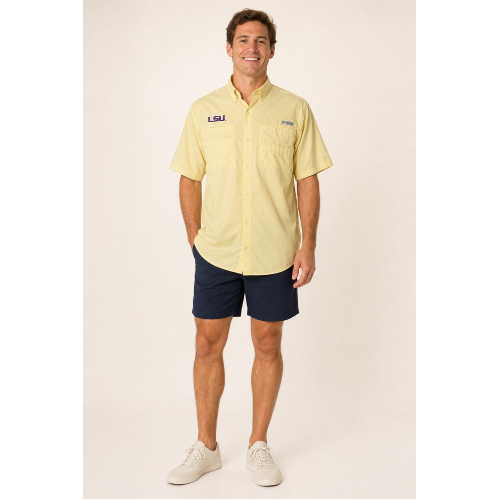 Columbia PFG LSU Tigers Men's XL Yellow Vented Fishing Shirt Short Sleeve